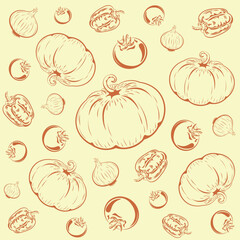 Vegetables with which you can cook many delicious dishes, vegetables, vector, illustration, bell pepper, pumpkin, tomato, omion, contour, background, vitamins, pattern