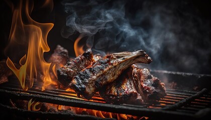  a close up of some meat on a grill with fire and smoke coming out of the back of the grill and on top of the grill.  generative ai