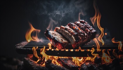  a bbq grill with a bunch of meat cooking on it's side and flames coming out of the grill behind it, on a black background.  generative ai