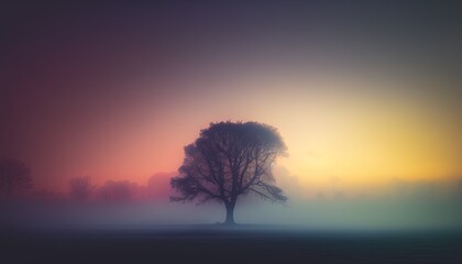  a lone tree in a foggy field with a colorful sky in the background and a yellow and red sky in the background with a few clouds.  generative ai
