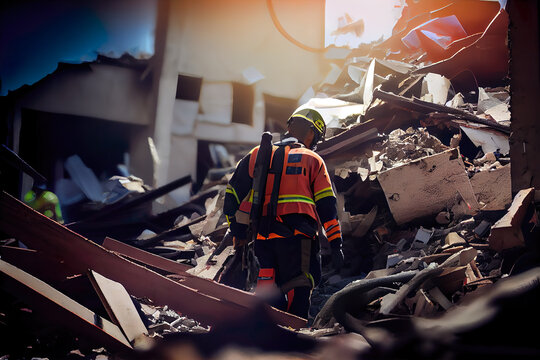 Rescuers in uniform and helmets dismantle the rubble of houses after the earthquake, Generative AI