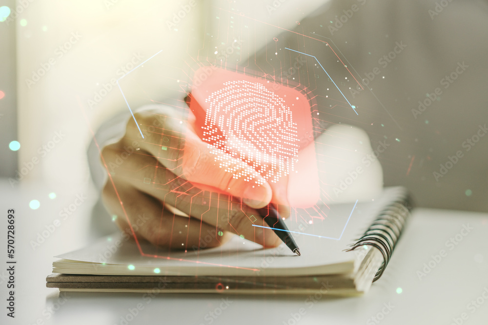 Aufkleber Double exposure of abstract creative fingerprint hologram with man hand writing in notebook on background, research and development concept
