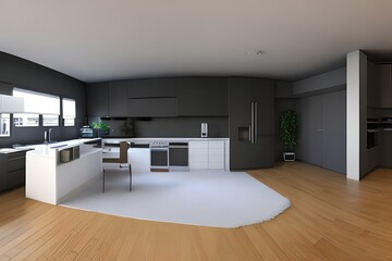 Apartment interior panorama 3d render, minimalist, pastel color tone