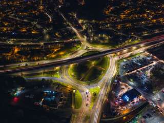 Night Top Down over Penn Inn Flyover and Roundabout from a drone Newton Abbot, Devon, England	