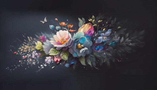  a painting of flowers and butterflies on a black background with the words, all that is love written in white writing on the bottom of the image.  generative ai