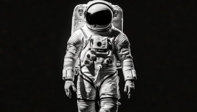  a black and white photo of an astronaut's suit and helmet on a black background with a black background behind it and a black background.  generative ai
