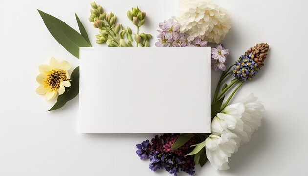  a white sheet of paper surrounded by flowers and leaves on a white background with a place for a text or a picture to be placed on.  generative ai