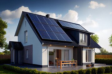 Newly constructed homes with solar panels on the roof under a bright sky, Generative AI