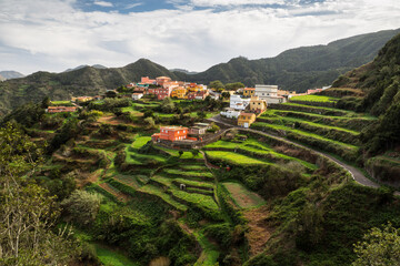Agricultural terraces and village in Anaga mountains Tenerife canary islands