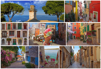 A colorful collage of beautiful places in cozy and quiet town Rovinj.Rovinj is a tourist destination on Adriatic coast of Croatia - 570729090