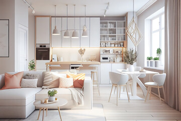 Fototapeta premium Warm pastel white and beige colors are used in the interior design of the spacious, cheerful studio apartment in the Scandinavian style, Generative Ai