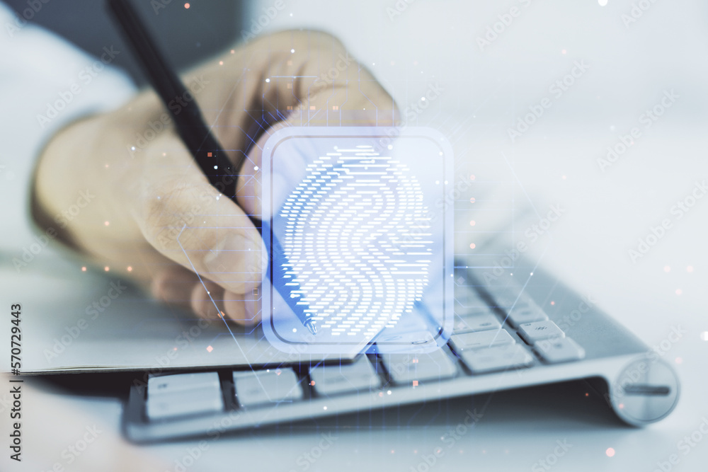 Poster Multi exposure of abstract creative fingerprint illustration with hand writing in notebook on background with laptop, digital access concept