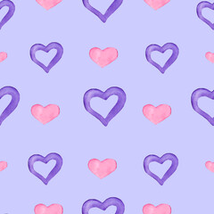 hand-drawn watercolor set with freestanding pink and purple hearts. For fabric, paper typography, for background images