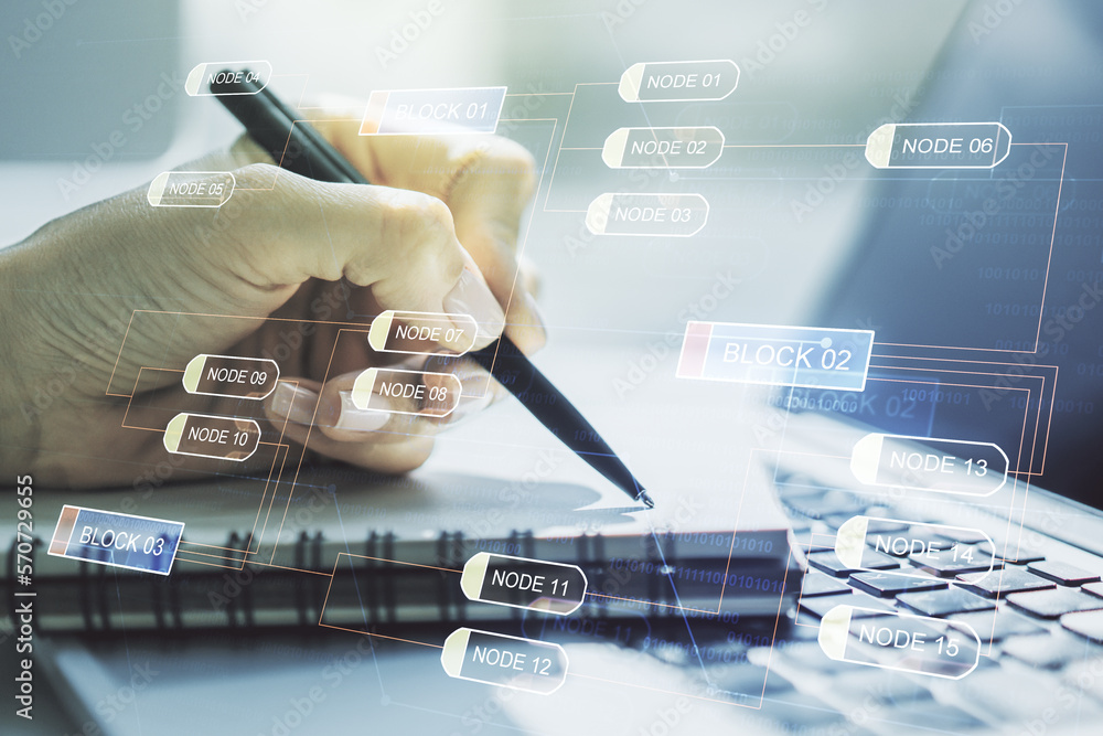 Poster double exposure of abstract programming language with hand writing in notebook on background with la