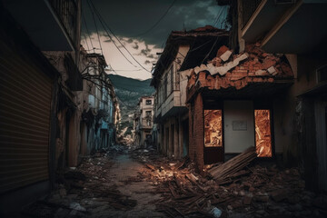 Fototapeta na wymiar Consequences after the earthquake, collapse, natural disasters. Illustrations Generative AI