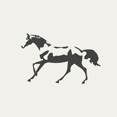 Cantering free horse, black and white vector outline