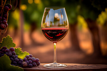 Plakat Glass of red wine with vine branches in vineyard. Wine With Grapes on vine landscape in France. Drink grape in agriculture farm. Wine harvest season in vineyard. Farmer winegrower or winemaker.