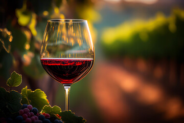 Glass of red wine with vine branches in vineyard. Wine With Grapes on vine landscape in France. Drink grape in agriculture farm. Wine harvest season in vineyard. Farmer winegrower or winemaker.