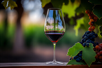 Naklejka na ściany i meble Glass of red wine with vine branches in vineyard. Wine With Grapes on vine landscape in France. Drink grape in agriculture farm. Wine harvest season in vineyard. Farmer winegrower or winemaker.
