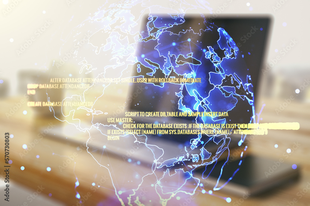 Poster double exposure of abstract programming language with world map and modern desktop with laptop on ba