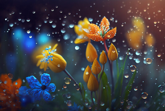 Spring  floral background with rain drops and free space for text. Generative AI......