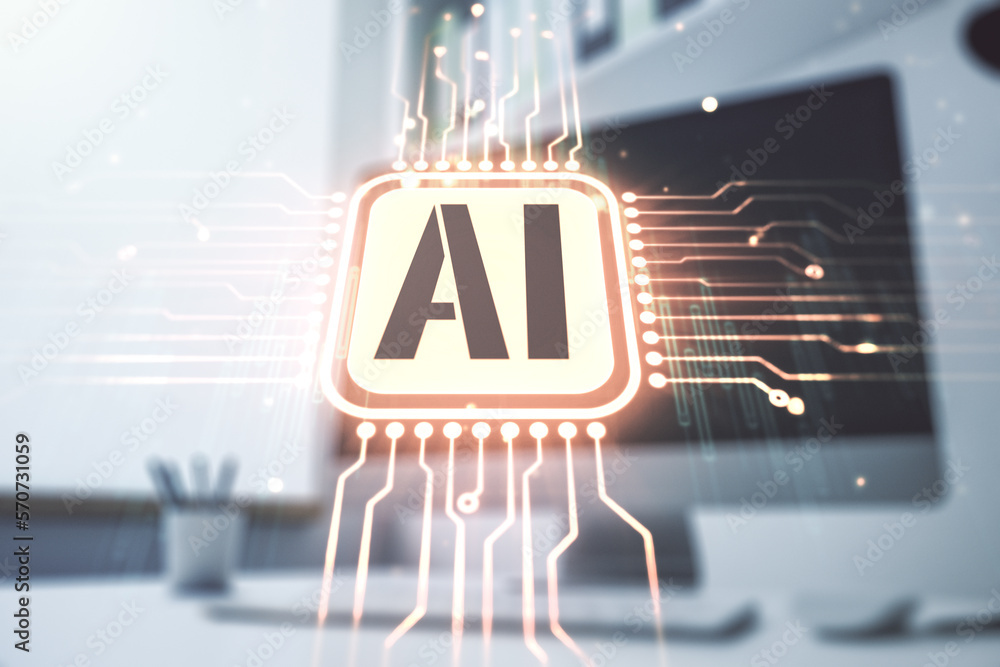 Poster creative artificial intelligence symbol concept and modern desktop with computer on background. mult