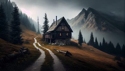 A cabin in the middle of a forest with a fog and trees, generative ai