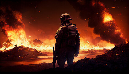 Naklejka premium A solder looking at a burning battlefield, generative ai