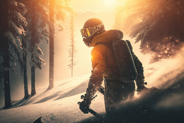 Man in ski goggles rides a snowboard from a snowy mountain. Illustration Generative AI