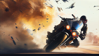 A thrilling high speed motorcycle chase with blasts, fire and lights, generative ai