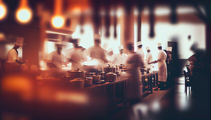 Blurred restaurant background with some peaple eating and waiters wotrking, generative ai
