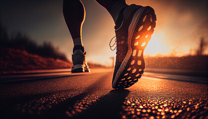 Close up on shoe runner athlete feet running on an athletic track in sunset, generative ai