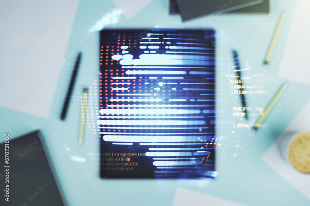 Poster double exposure of abstract programming language hologram with world map and digital tablet on backg