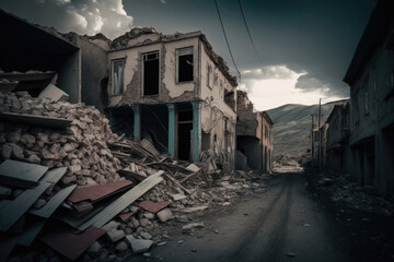 Consequences after the earthquake, collapse, natural disasters. Illustrations Generative AI