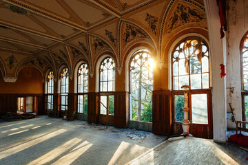 Fototapeta premium Large hall of abandoned building in gothic style