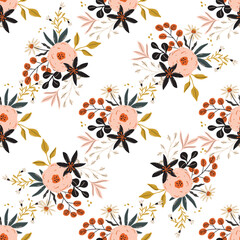 Seamless pattern with flowers. Vector flowers. Flat style. Leaves, bouquet, herbs. Textile