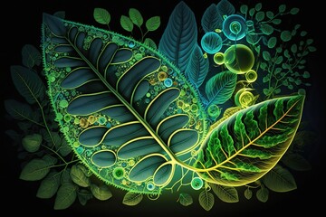 Abstract representation of photosynthesis with bright green chloroplasts colorful light rays and intricate details, concept of Photosynthesis and Chloroplasts, created with Generative AI technology