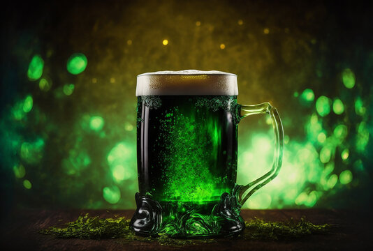 Patrick's day traditional green beer on sunshine bokeh background. Generative AI illustration