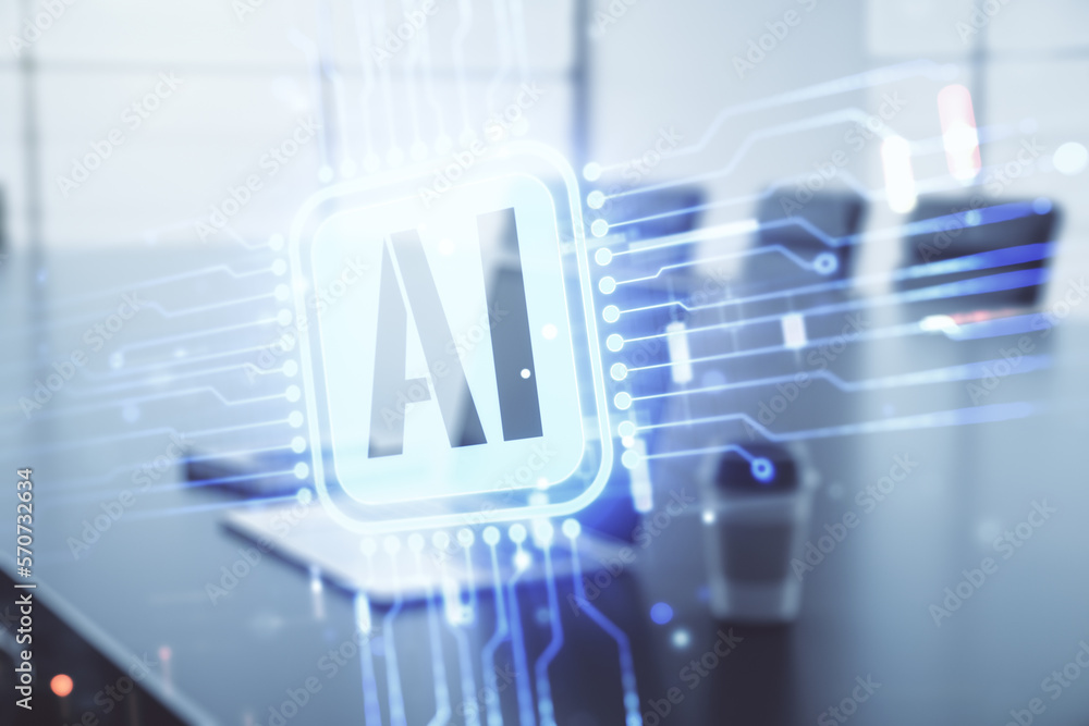 Poster double exposure of creative artificial intelligence icon with modern laptop on background. neural ne