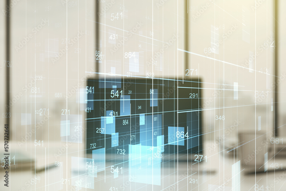 Aufkleber multi exposure of abstract graphic data spreadsheet sketch on modern computer background, analytics 