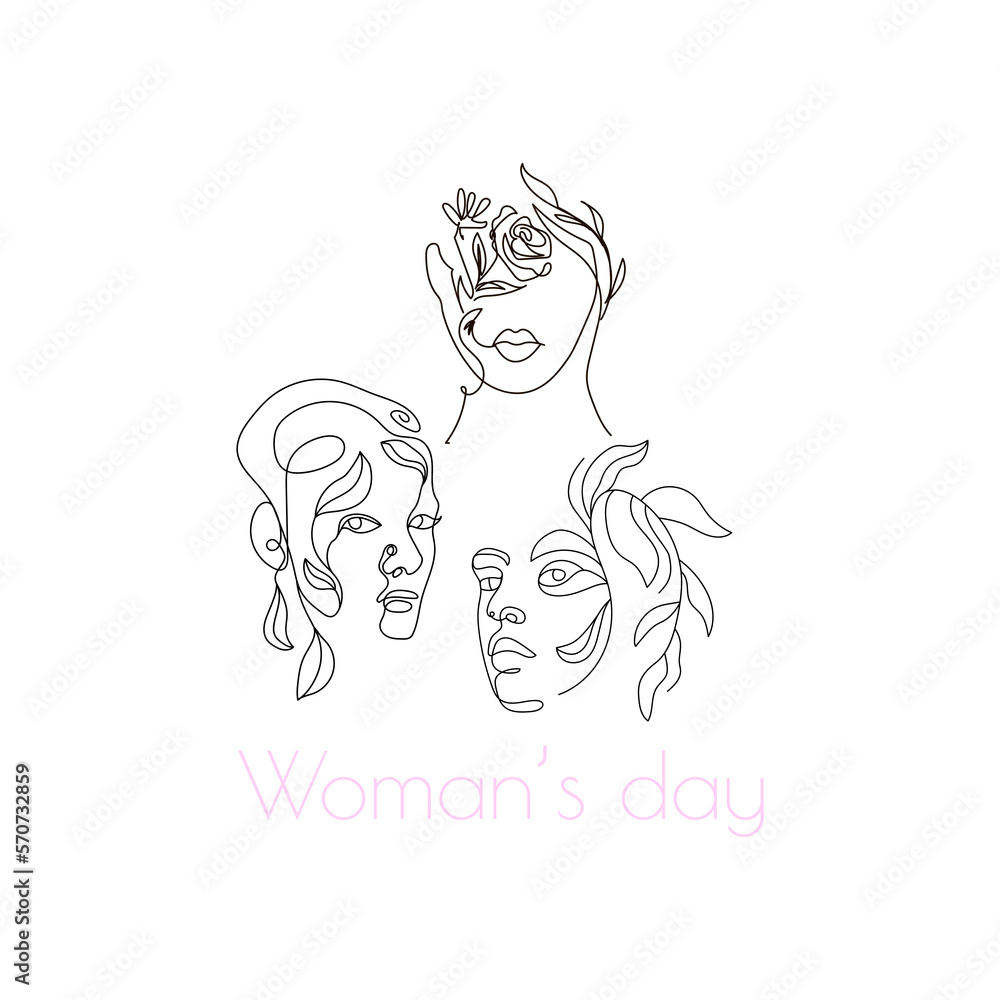 Wall mural 8 march concept. Modern abstract line minimalistic women faces, postcard or brochure cover design. Different woman faces. One line art. Vector illustrations design