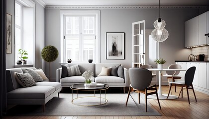 Modern scandinavian apartment interior design, bright natural light, large windows, modern furniture - generative ai
