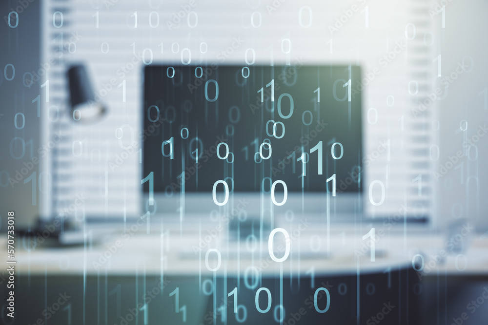 Fototapete creative abstract binary code hologram on modern computer background, ai and machine learning concep