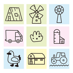 farm  doodle set with bird, tractor, mill