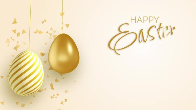 Easter greeting template. Animation of golden eggs on strings swaying. Happy Easter. Yellow background with glitter. Video motion graphic animation.