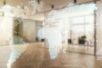 Abstract creative world map interface on a modern furnished office background, international trading concept. Multiexposure