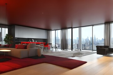 Apartment interior panorama 3d render, modern, minimalist, color red style light