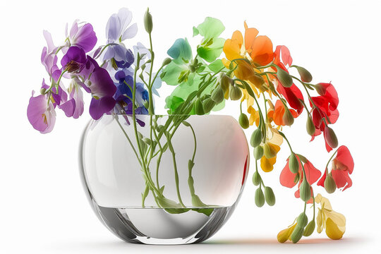 Colorful sweet peas in glass vase on white background, spring and Easter concept. AI generated image