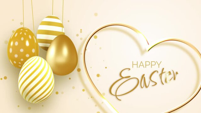 Happy Easter greeting in the shape of a heart. Golden Easter eggs with a pattern on a yellow background with shiny particles. Video motion graphic animation.