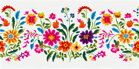 Colorful Mexican floral pattern on a white background, generative AI